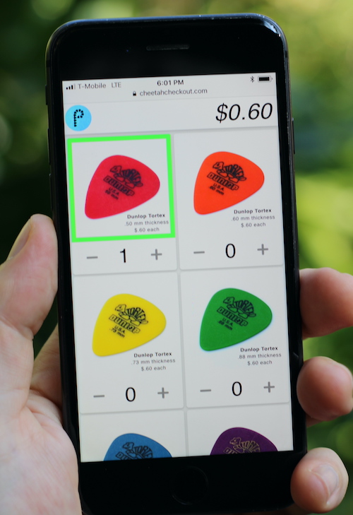 Cheetah Checkout user interface on iphone showing online ordering website for guitar picks