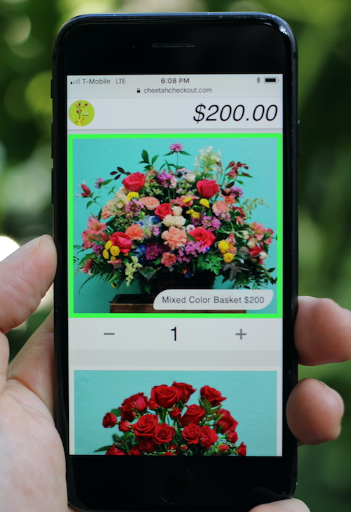 Cheetah Checkout user interface on iphone showing online ordering website for florist